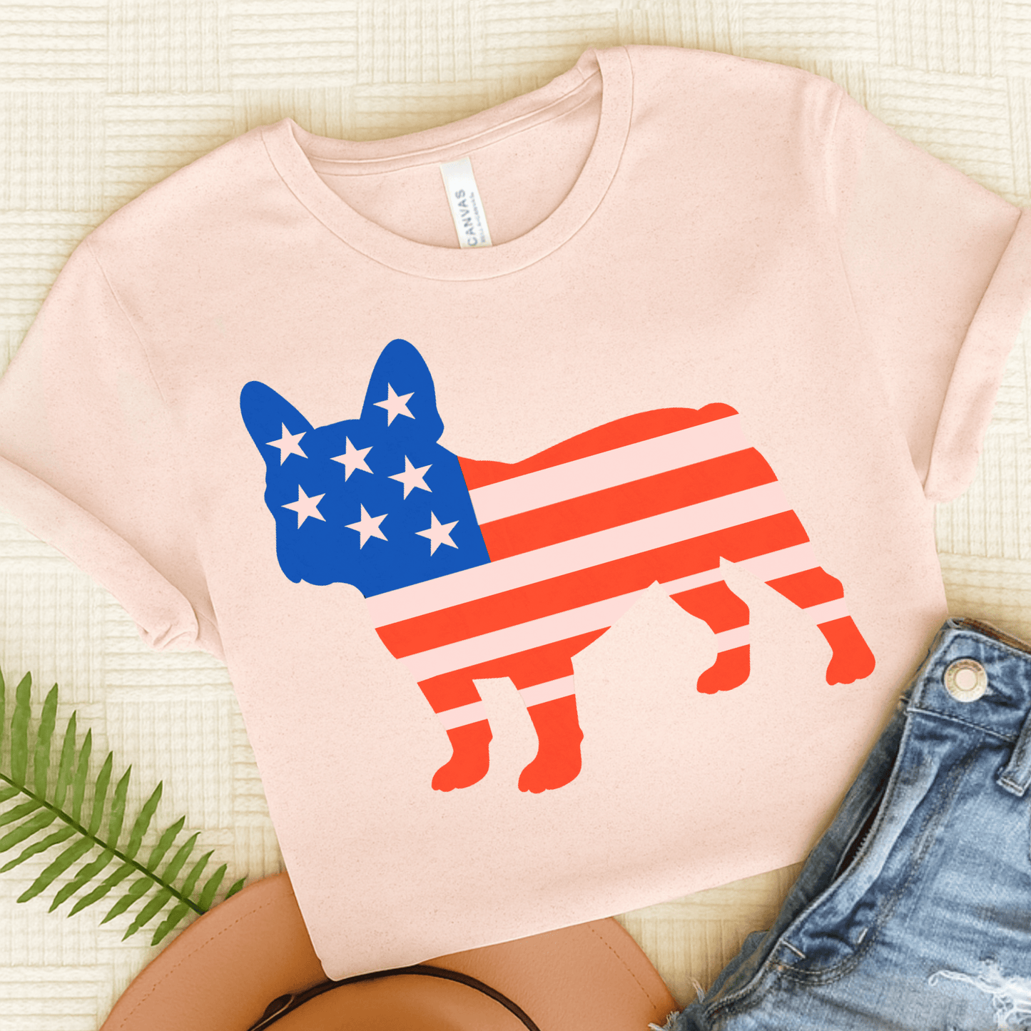 French Bulldog American Flag Silhouette TShirt Soft Pink