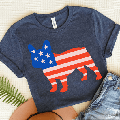 French Bulldog American Flag Silhouette TShirt Heather Navy