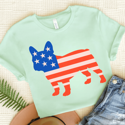 French Bulldog American Flag Silhouette TShirt Heather Mint