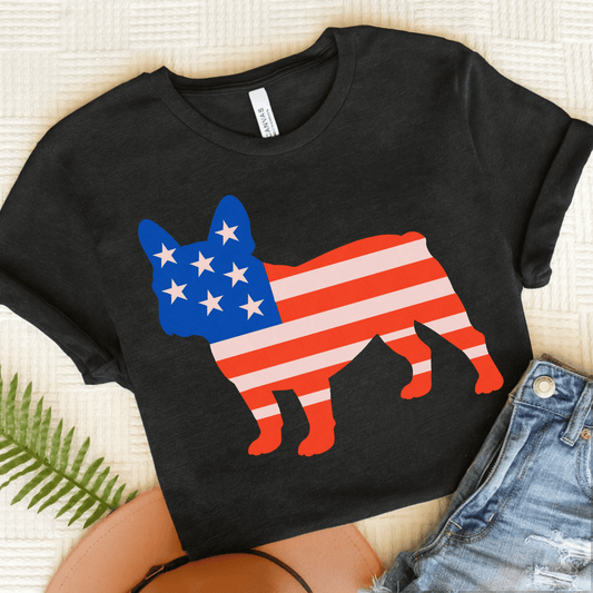 French Bulldog American Flag Silhouette TShirt Dark Grey Heather