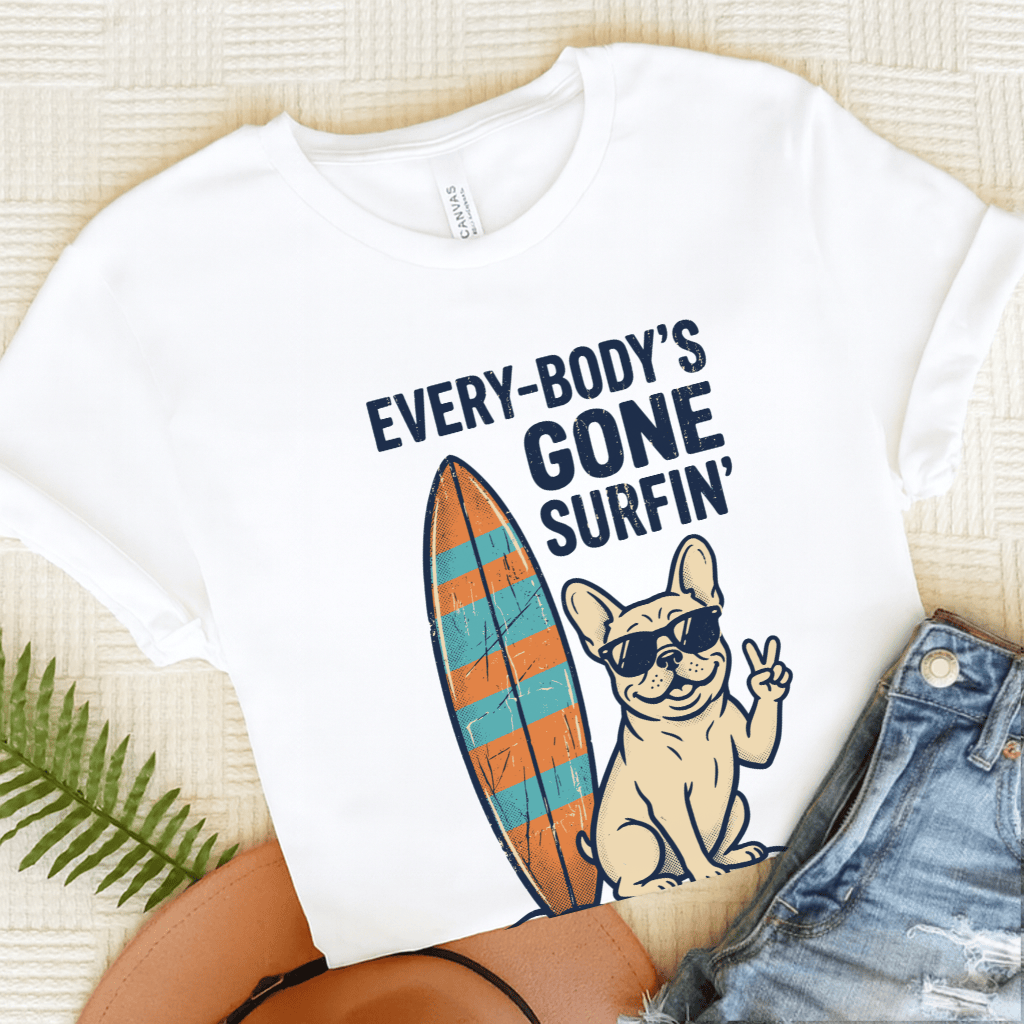 French Bulldog Beach Surfing Unisex Tshirt White L