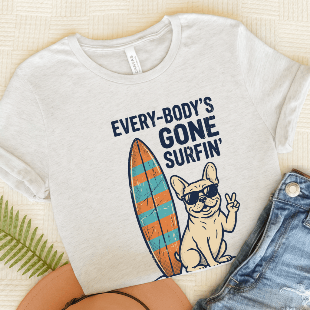 French Bulldog Beach Surfing Unisex Tshirt Ash
