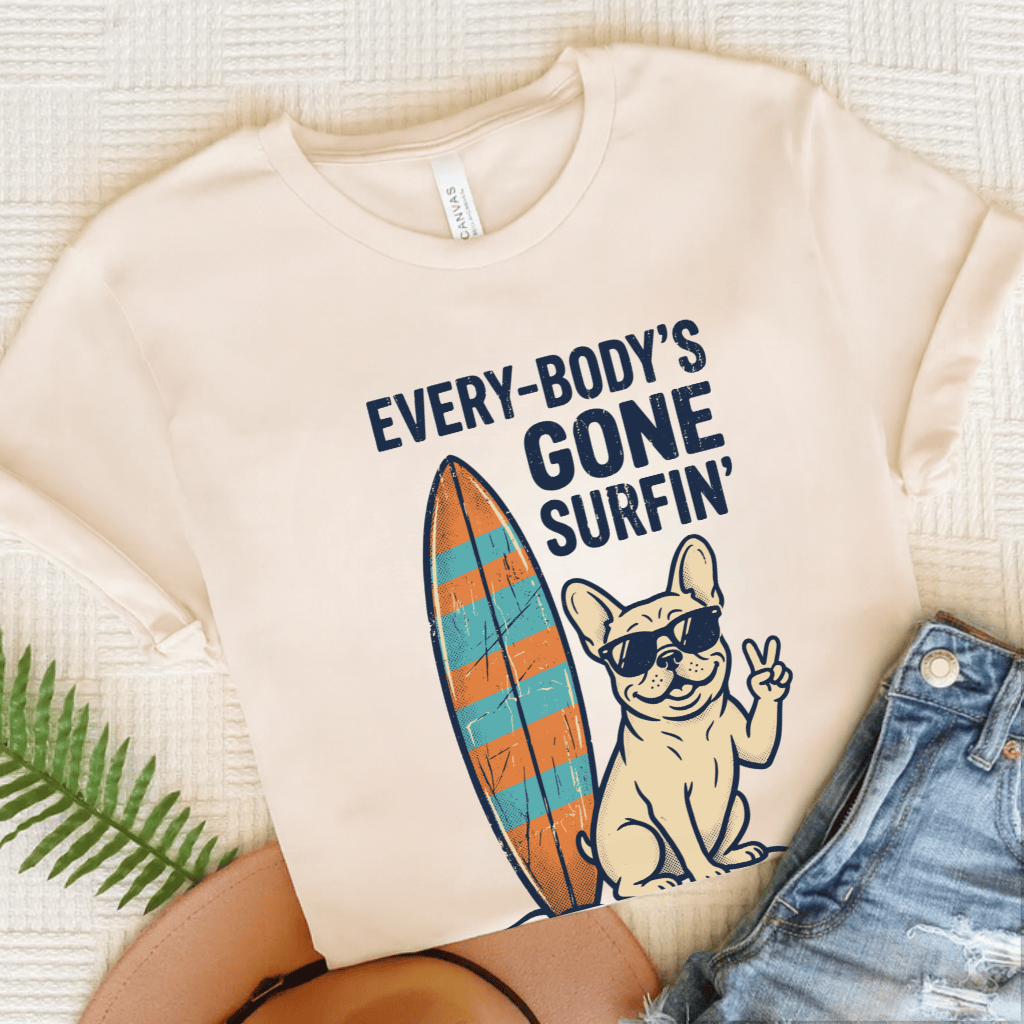 French Bulldog Beach Surfing Unisex Tshirt Natural