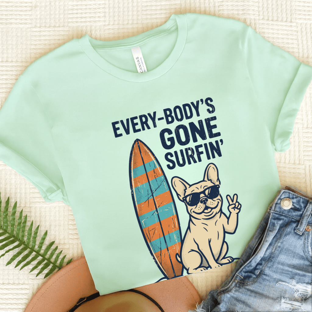 French Bulldog Beach Surfing Unisex Tshirt Heather Mint