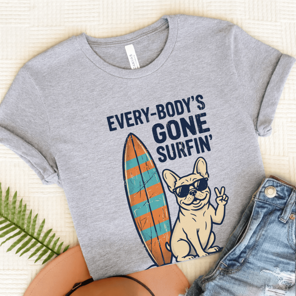 French Bulldog Beach Surfing Unisex Tshirt Athletic Heather
