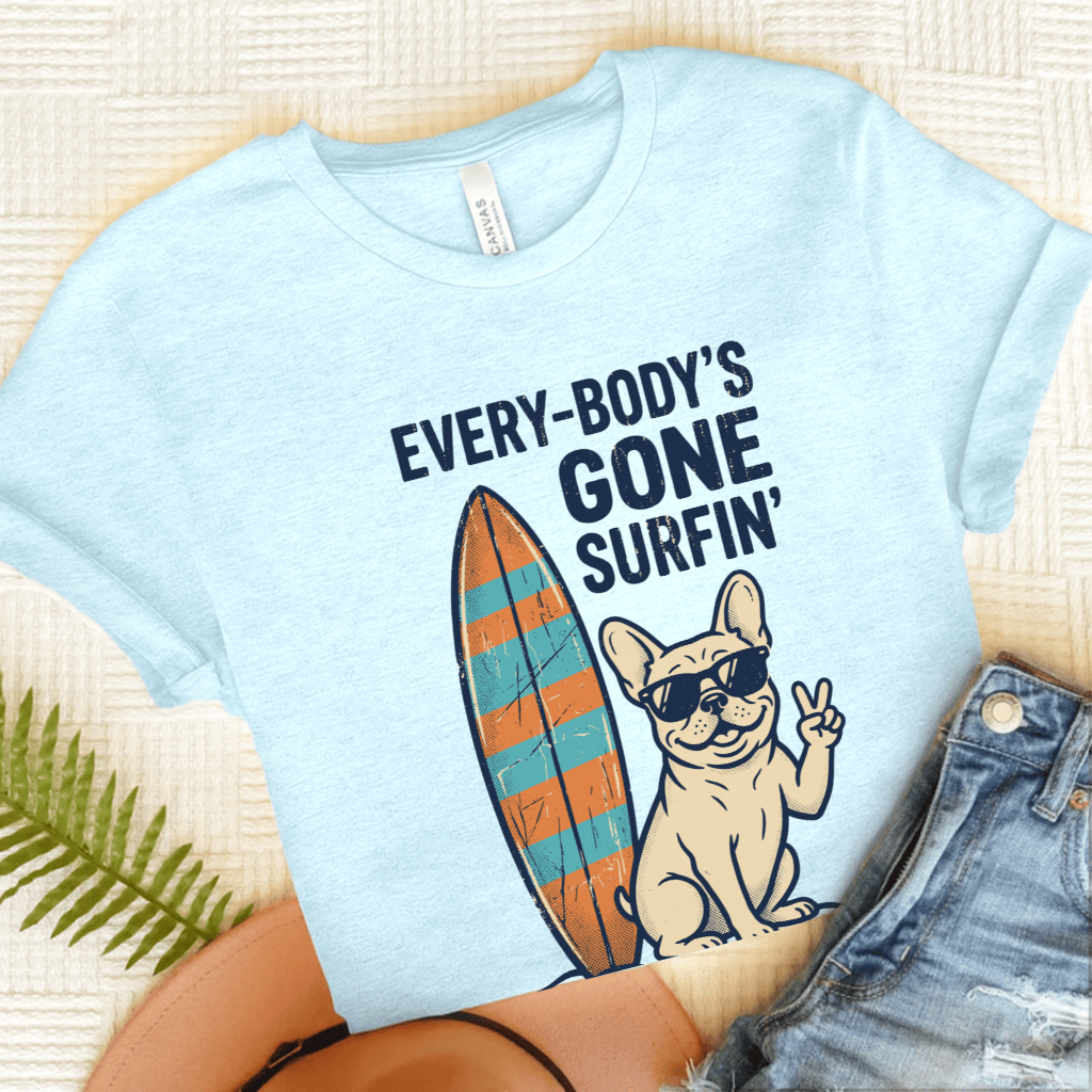 French Bulldog Beach Surfing Unisex Tshirt Heather Ice Blue