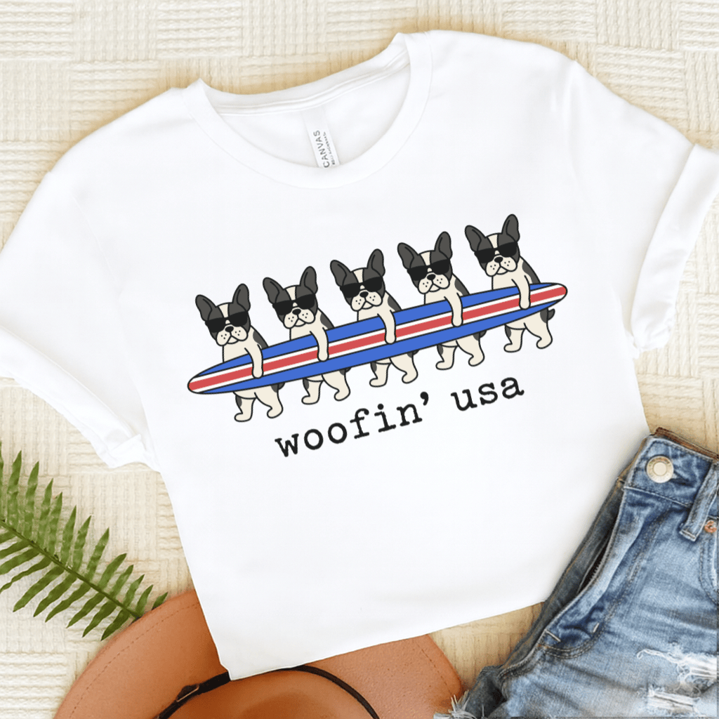 French Bulldog Beach Surfing USA Unisex Tshirt White L