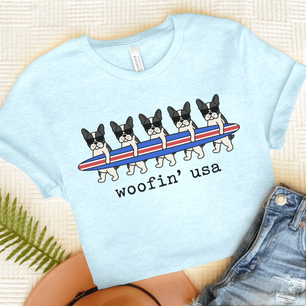 French Bulldog Beach Surfing USA Unisex Tshirt Heather Ice Blue