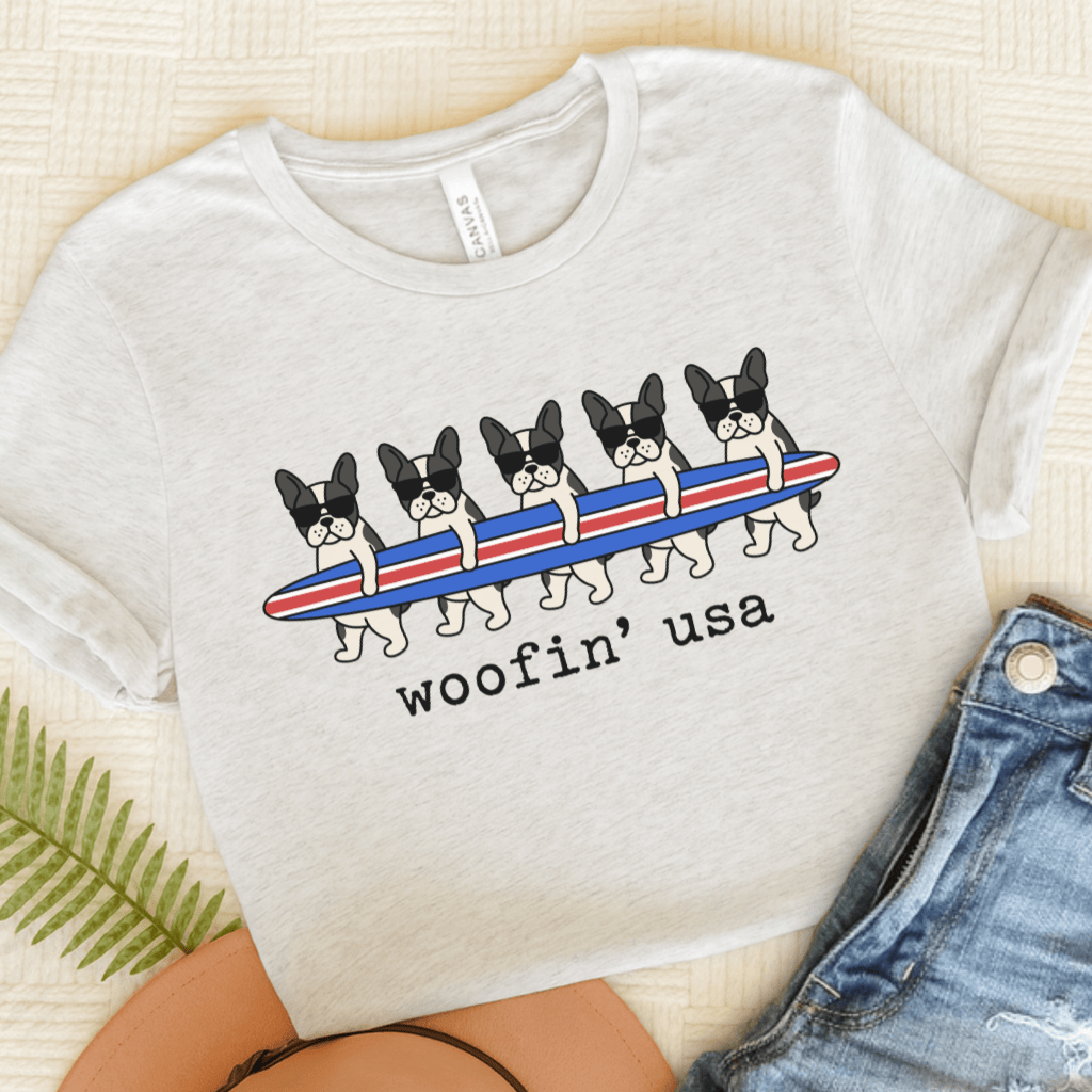 French Bulldog Beach Surfing USA Unisex Tshirt Ash