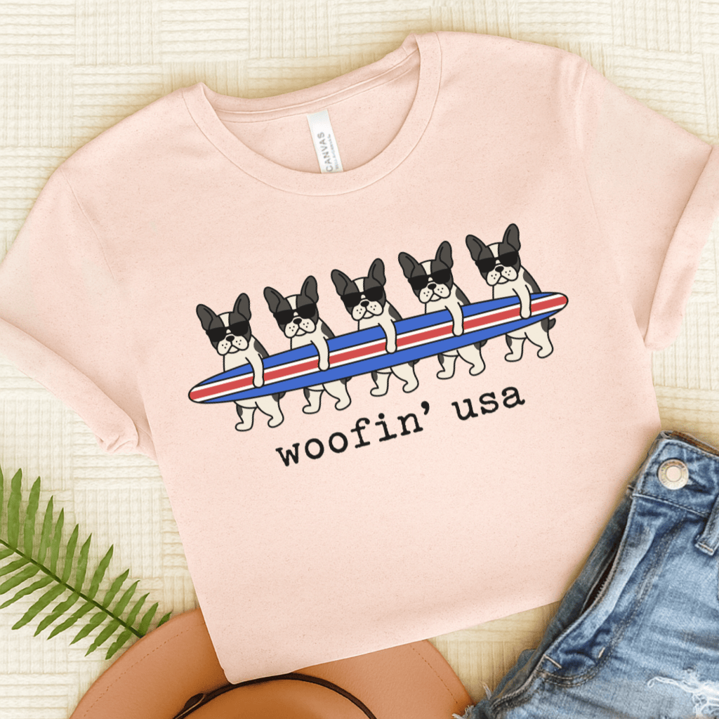 French Bulldog Beach Surfing USA Unisex Tshirt Soft Pink