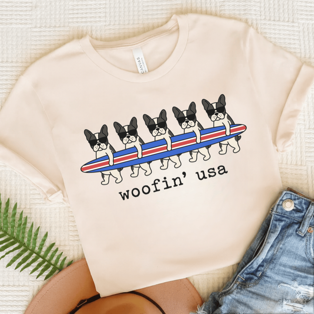 French Bulldog Beach Surfing USA Unisex Tshirt Natural