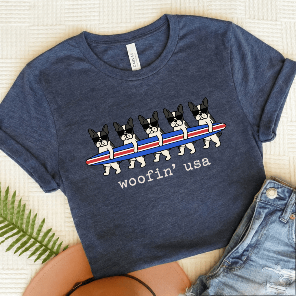 French Bulldog Beach Surfing USA Unisex Tshirt Heather Navy