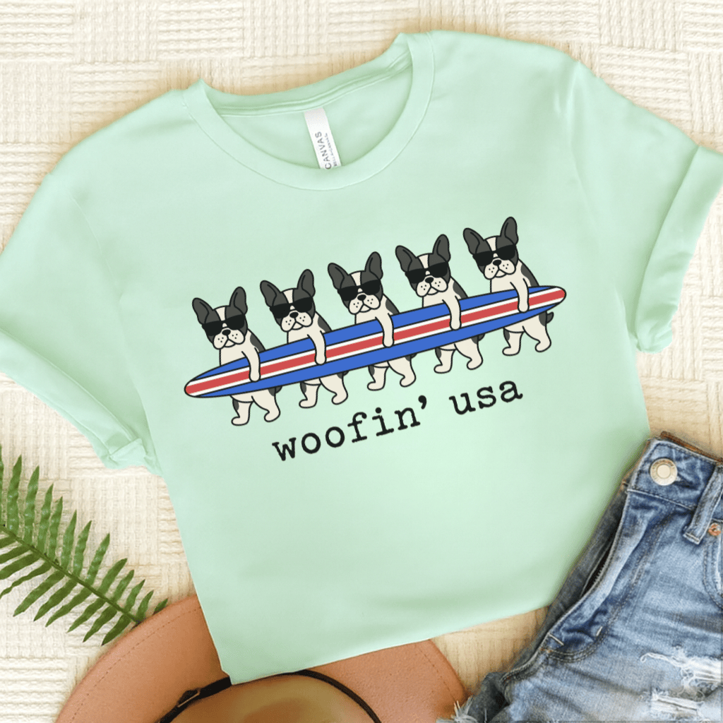 French Bulldog Beach Surfing USA Unisex Tshirt Heather Mint