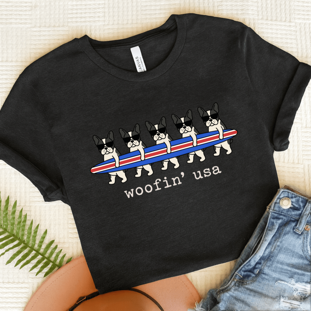 French Bulldog Beach Surfing USA Unisex Tshirt Dark Grey Heather