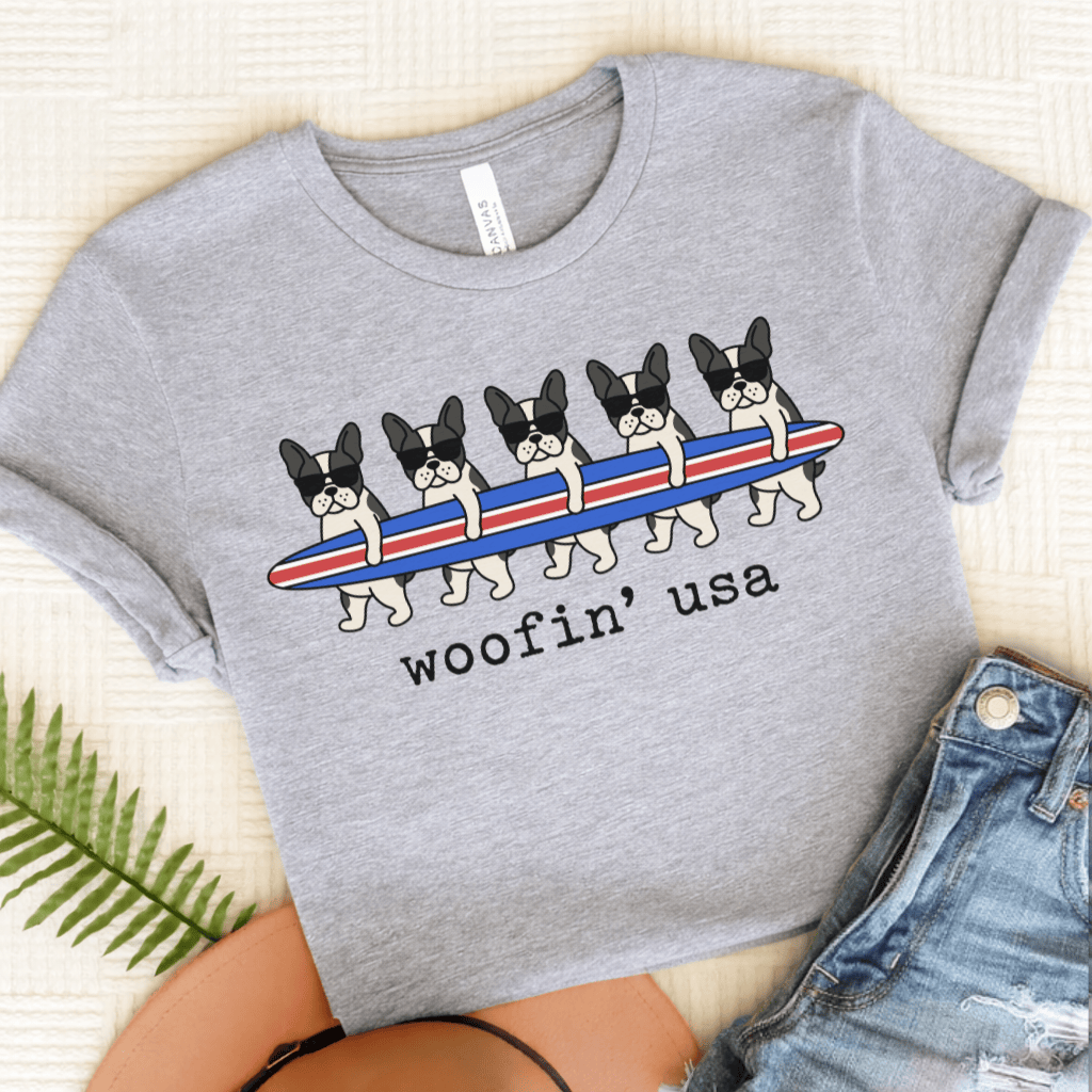 French Bulldog Beach Surfing USA Unisex Tshirt Athletic Heather