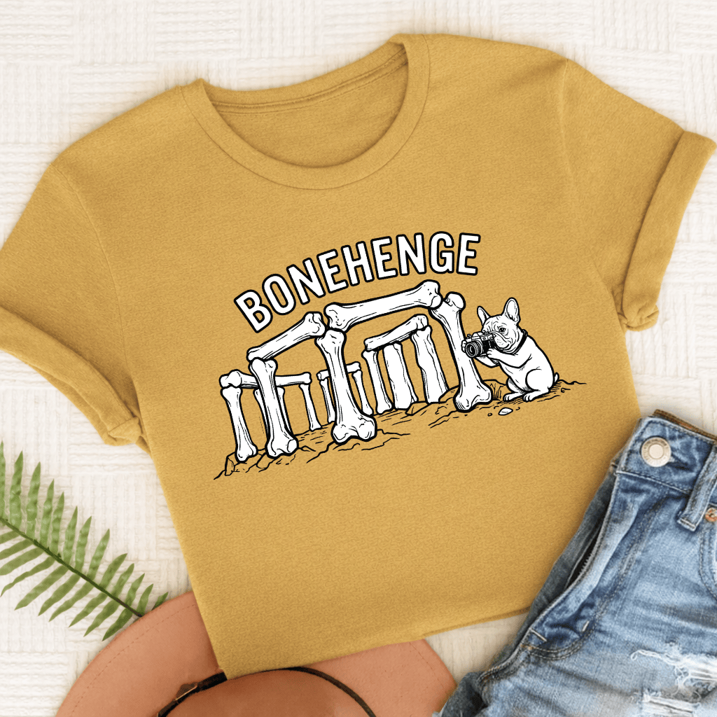 French Bulldog Bonehenge Unisex TShirt Comfort Colors Mustard