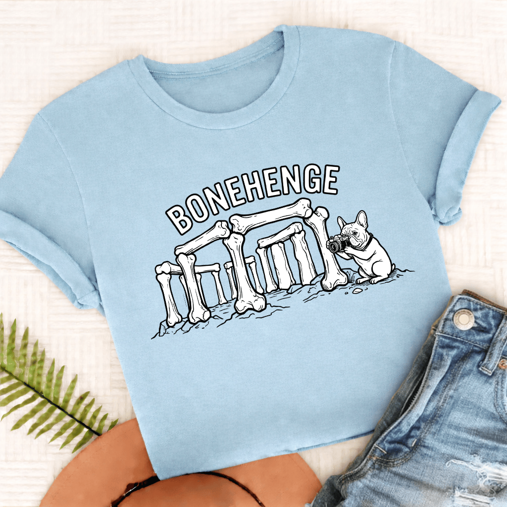 French Bulldog Bonehenge Unisex TShirt Comfort Colors Chambray
