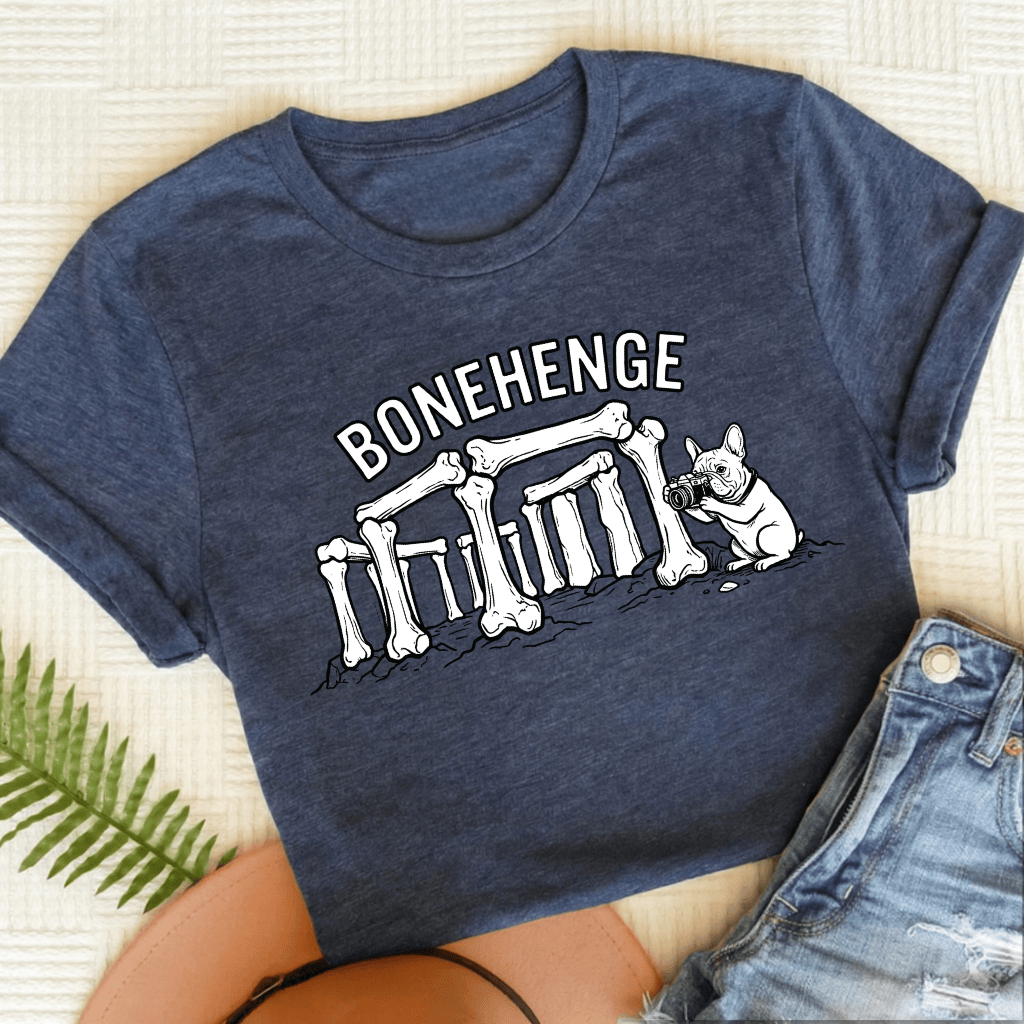 French Bulldog Bonehenge Unisex TShirt Heather Navy