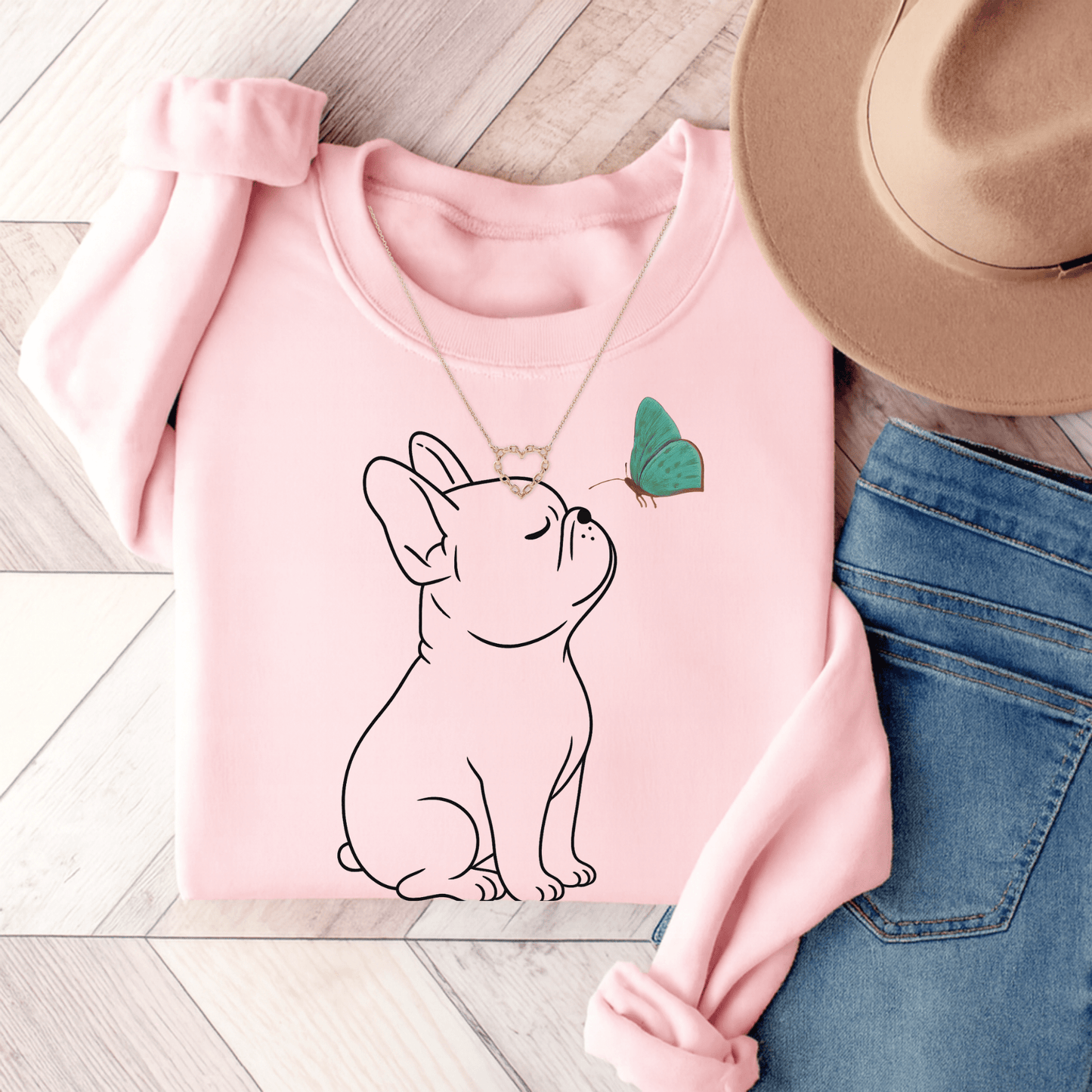 French Bulldog Butterflies Sweatshirt Light Pink