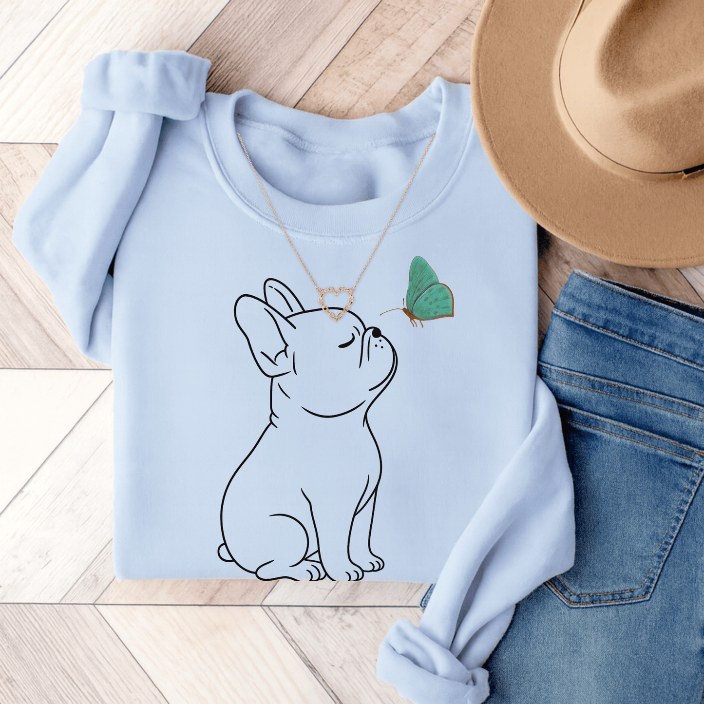 French Bulldog Butterflies Sweatshirt Light Blue