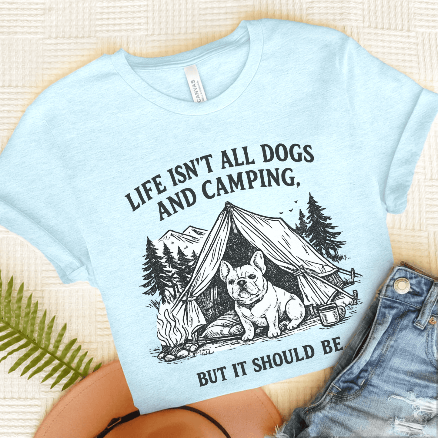 French Bulldog Camping and Dogs Unisex TShirt Heather Ice Blue