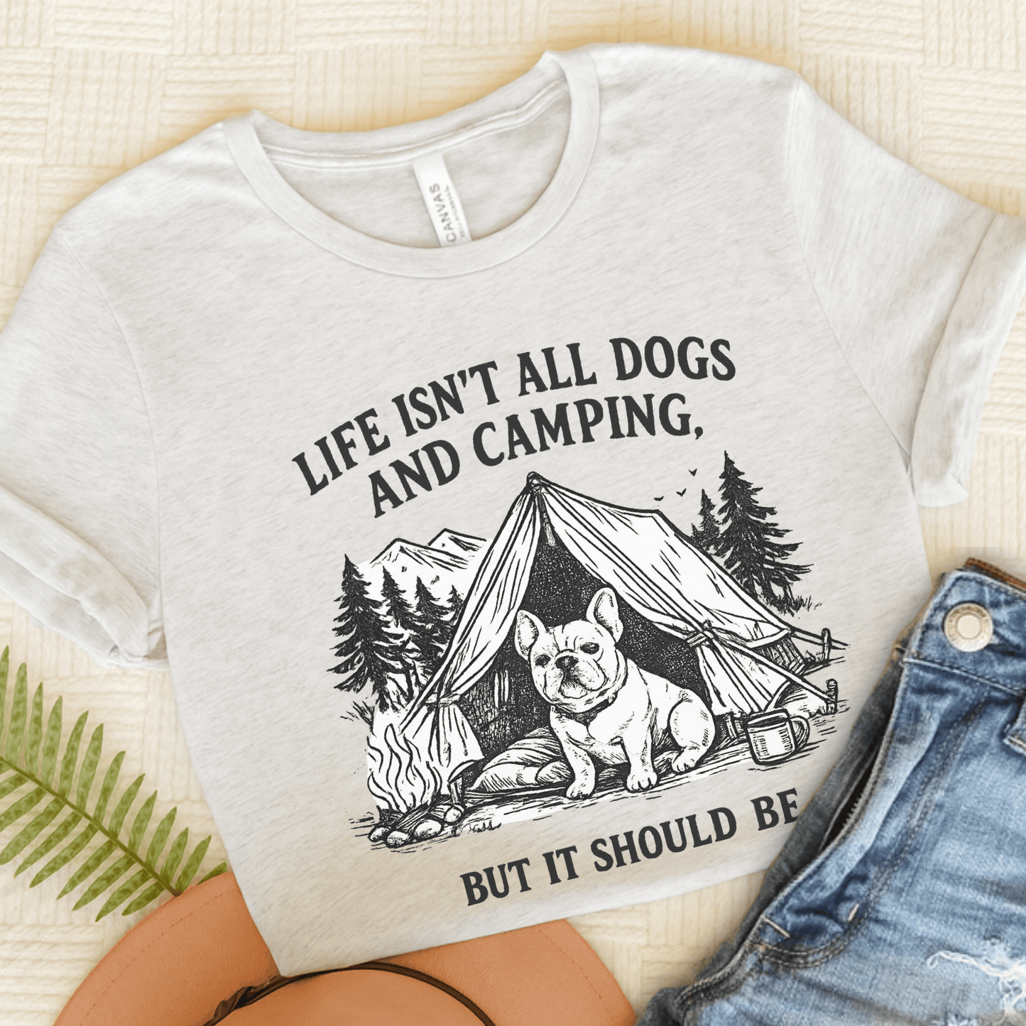 French Bulldog Camping and Dogs Unisex TShirt Ash