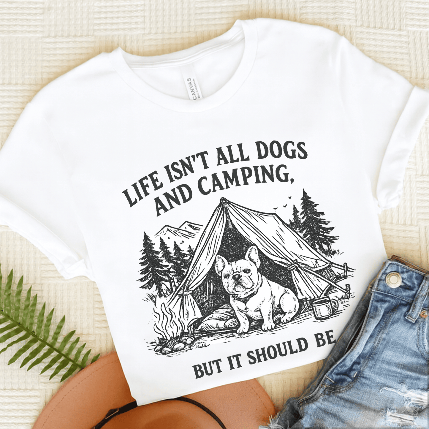 French Bulldog Camping and Dogs Unisex TShirt White