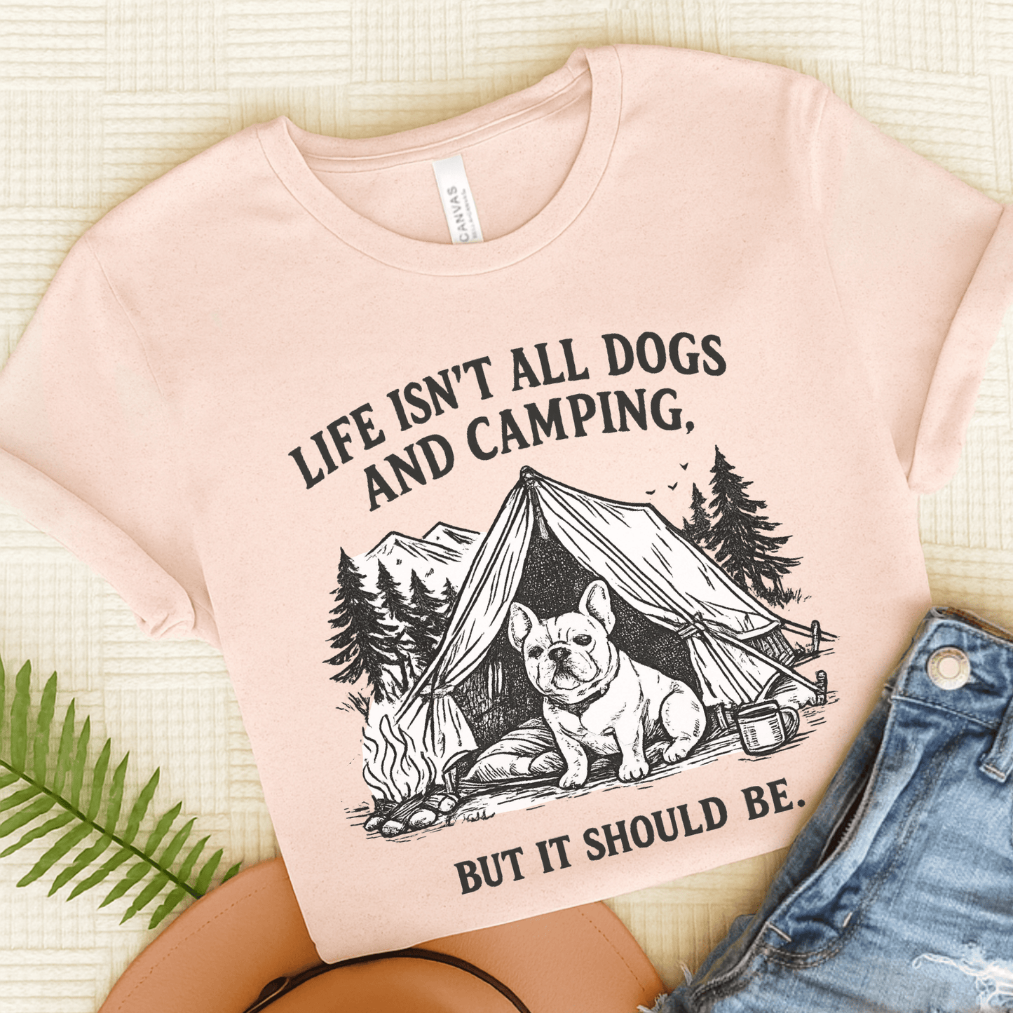 French Bulldog Camping and Dogs Unisex TShirt Soft Pink