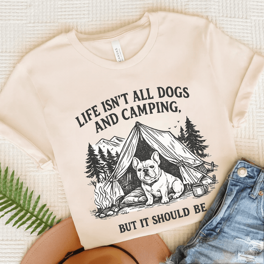 French Bulldog Camping and Dogs Unisex TShirt Natural