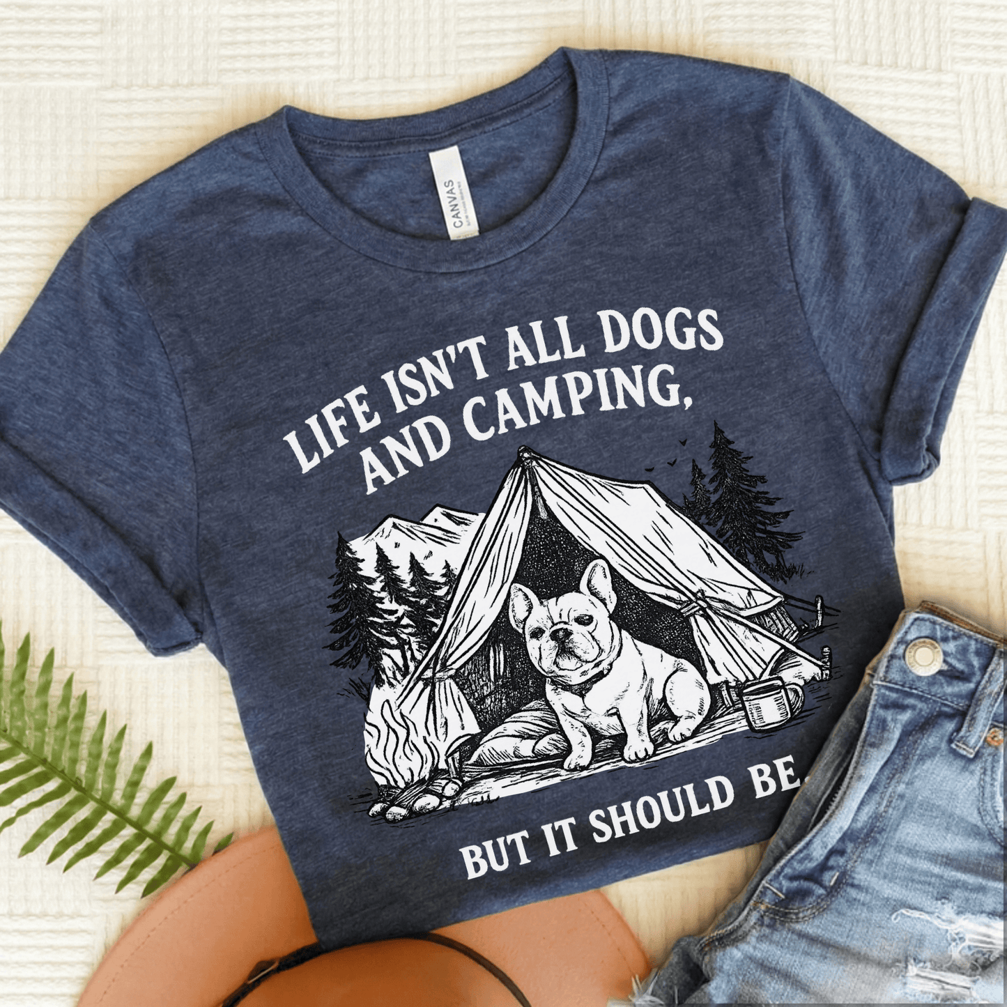 French Bulldog Camping and Dogs Unisex TShirt Heather Navy