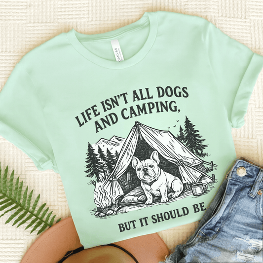 French Bulldog Camping and Dogs Unisex TShirt Heather Mint