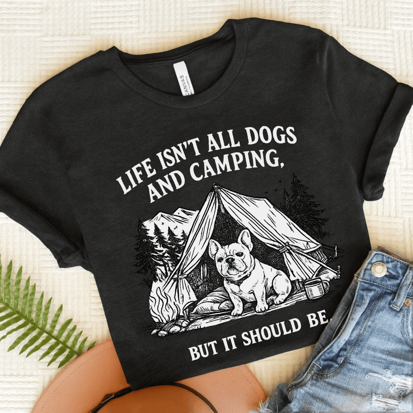 French Bulldog Camping and Dogs Unisex TShirt Dark Grey Heather