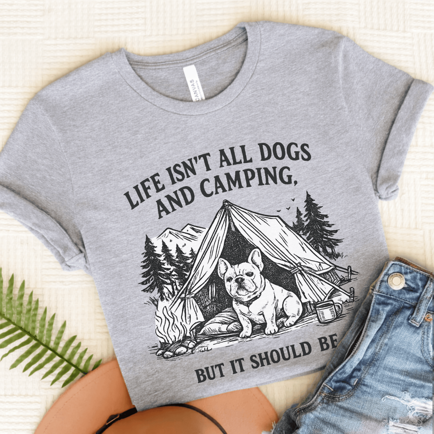 French Bulldog Camping and Dogs Unisex TShirt Athletic Heather