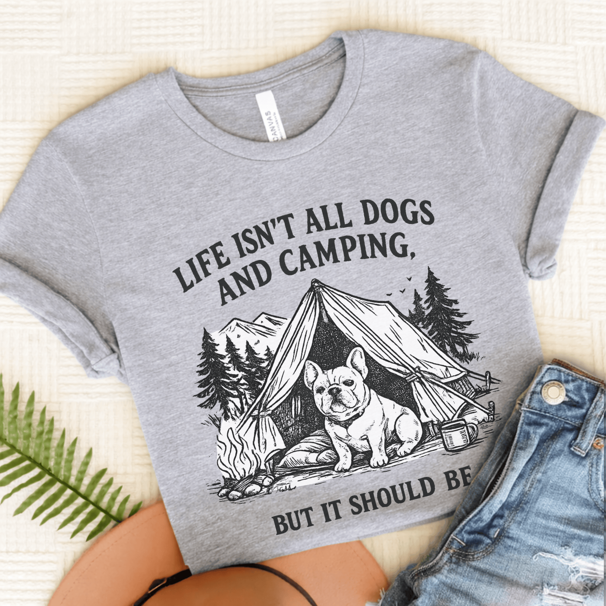 French Bulldog Camping and Dogs Unisex TShirt Athletic Heather