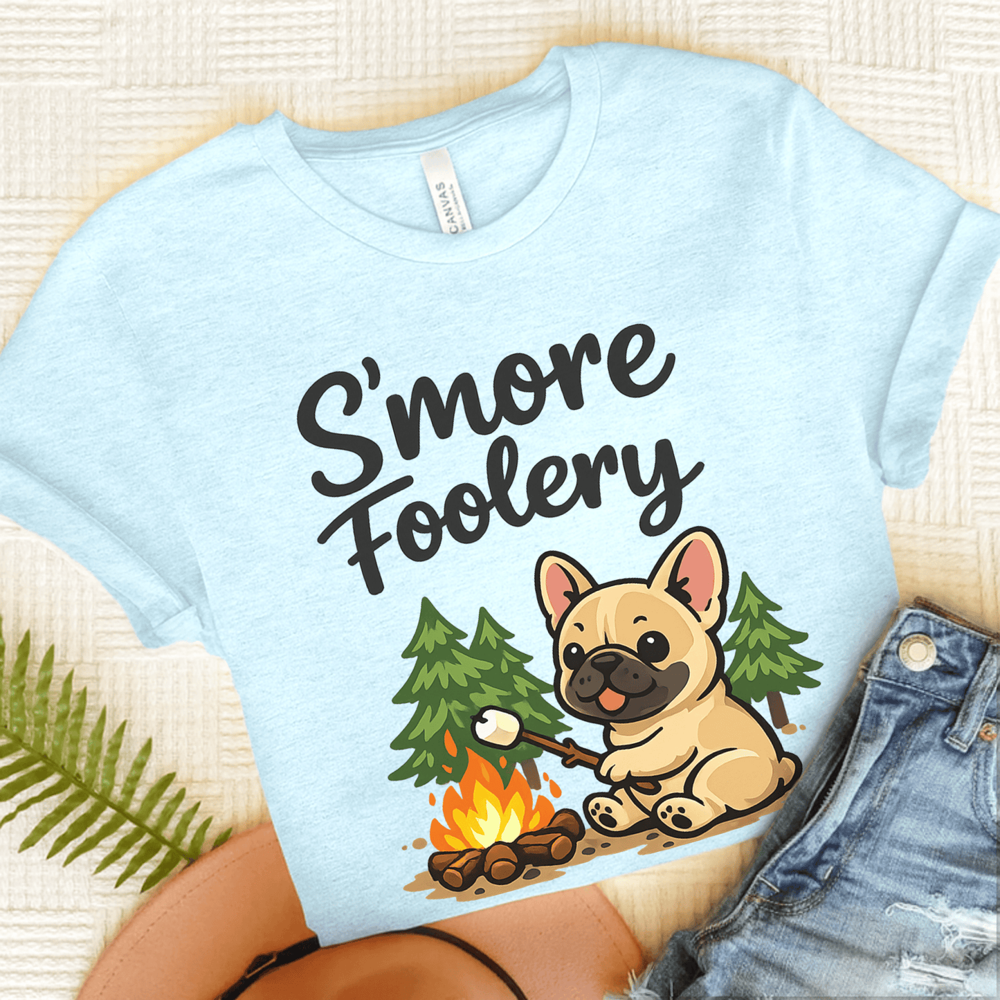 French Bulldog Camping S'mores Unisex TShirt Heather Ice Blue