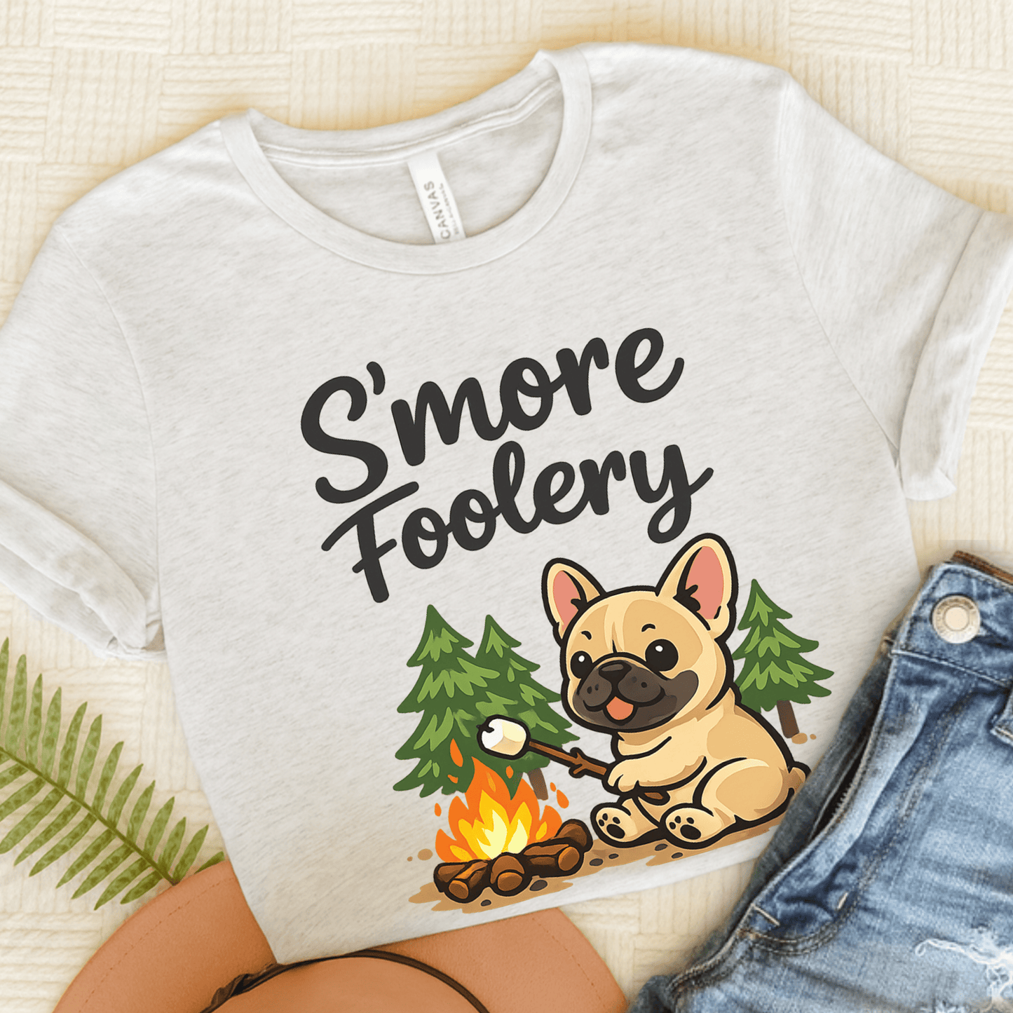 French Bulldog Camping S'mores Unisex TShirt Ash