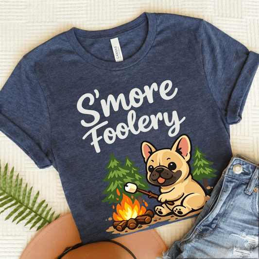 French Bulldog Camping S'mores Unisex TShirt Heather Navy