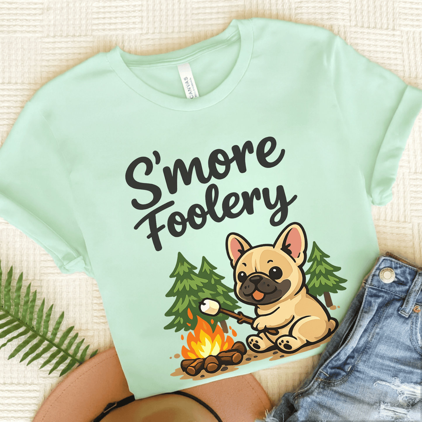 French Bulldog Camping S'mores Unisex TShirt Heather Mint