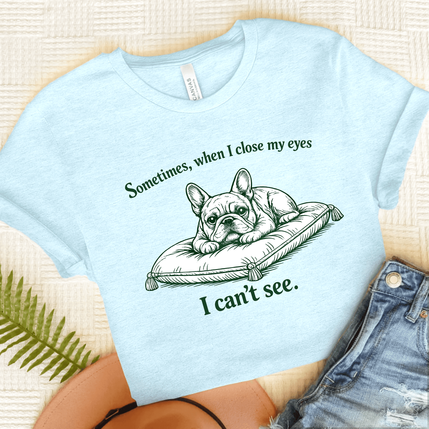French Bulldog Can't Sleep Funny Unisex TShirt Heather Ice Blue