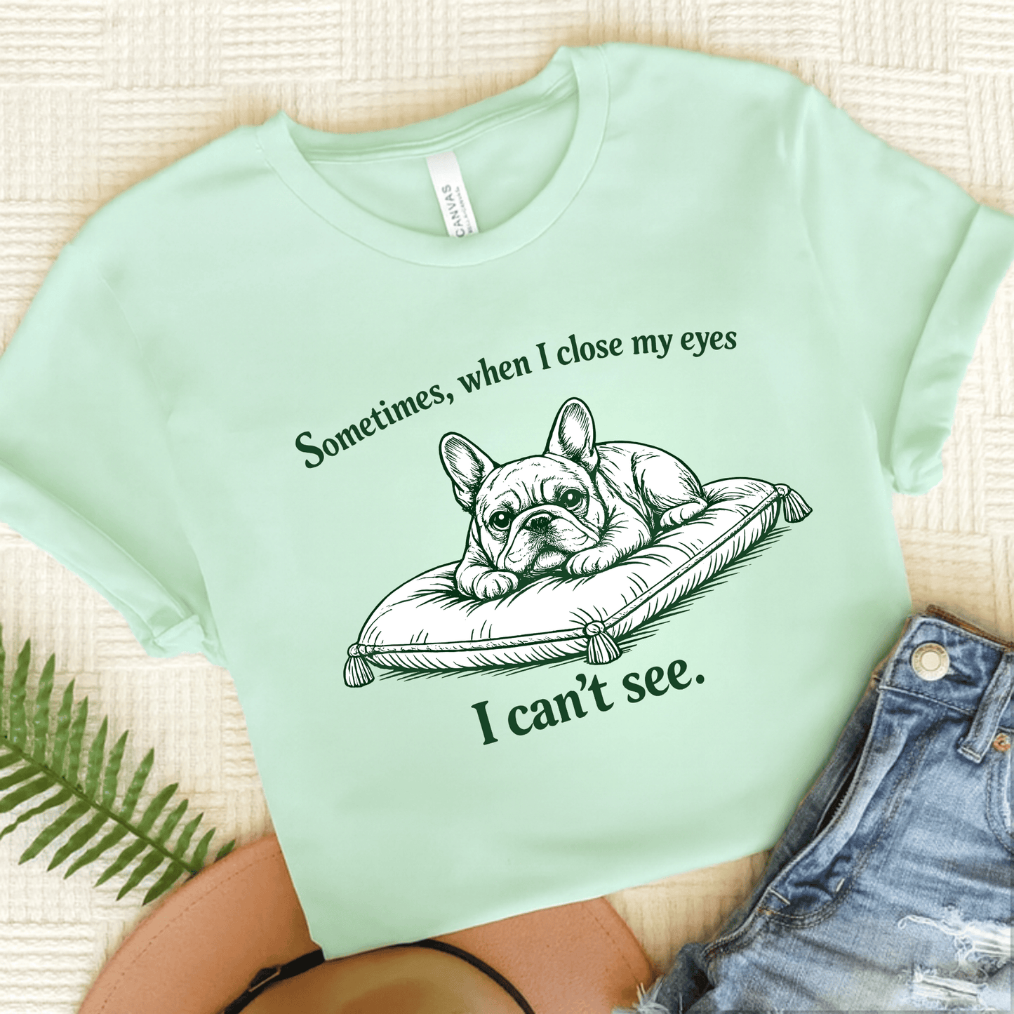 French Bulldog Can't Sleep Funny Unisex TShirt Heather Mint