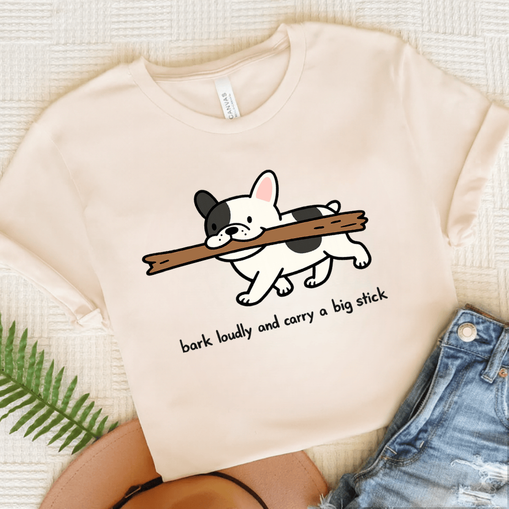French Bulldog Carry Big Stick Unisex TShirt Natural