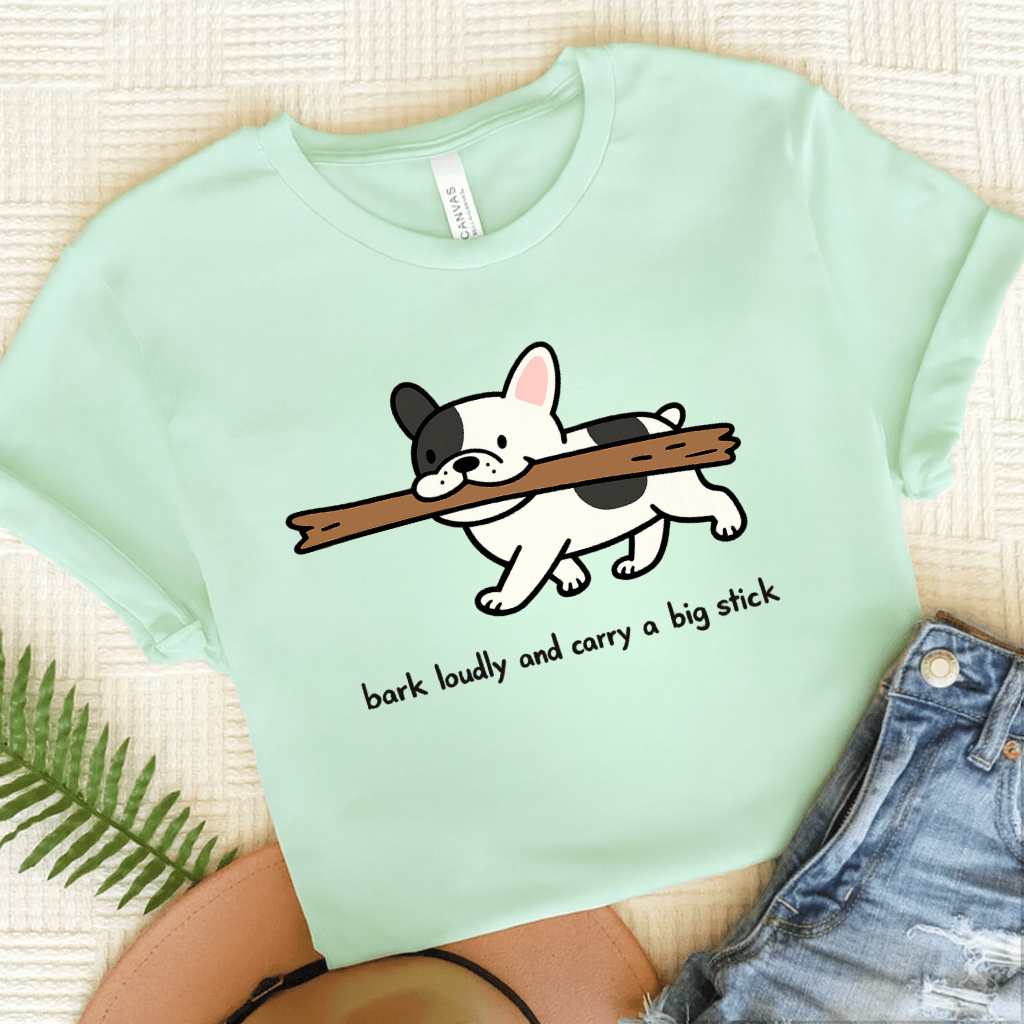 French Bulldog Carry Big Stick Unisex TShirt Heather Mint