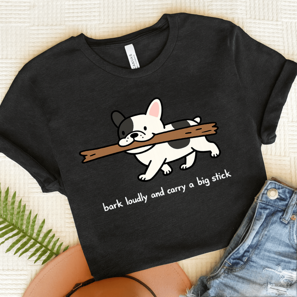 French Bulldog Carry Big Stick Unisex TShirt Dark Grey Heather