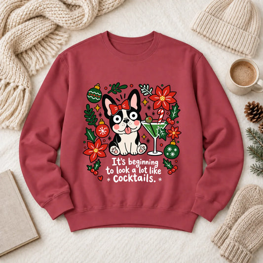 French Bulldog Christmas Cocktails Unisex Sweatshirt Crimson