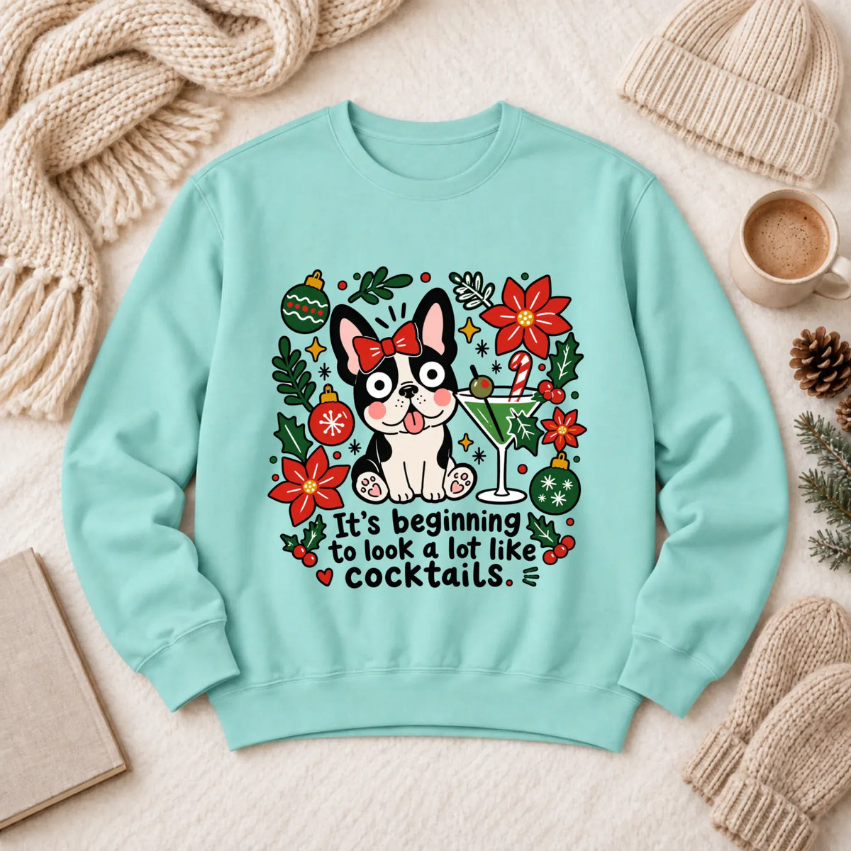 Sweatshirt Chalky Mint / S French Bulldog Christmas Cocktails Unisex Sweatshirt