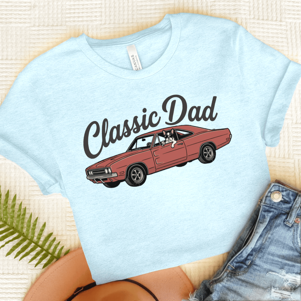 French Bulldog Classic Car Dad Unisex TShirt Heather Ice Blue
