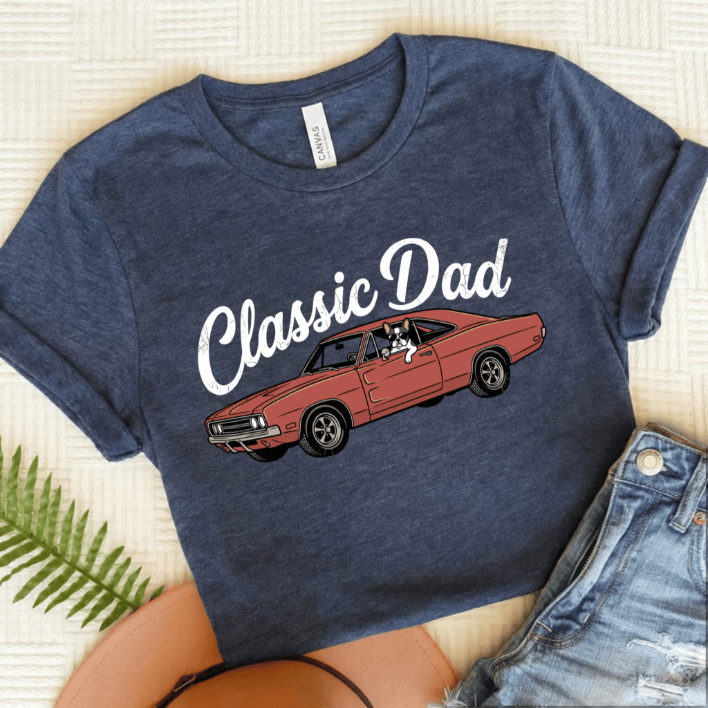 French Bulldog Classic Car Dad Unisex TShirt Heather Navy