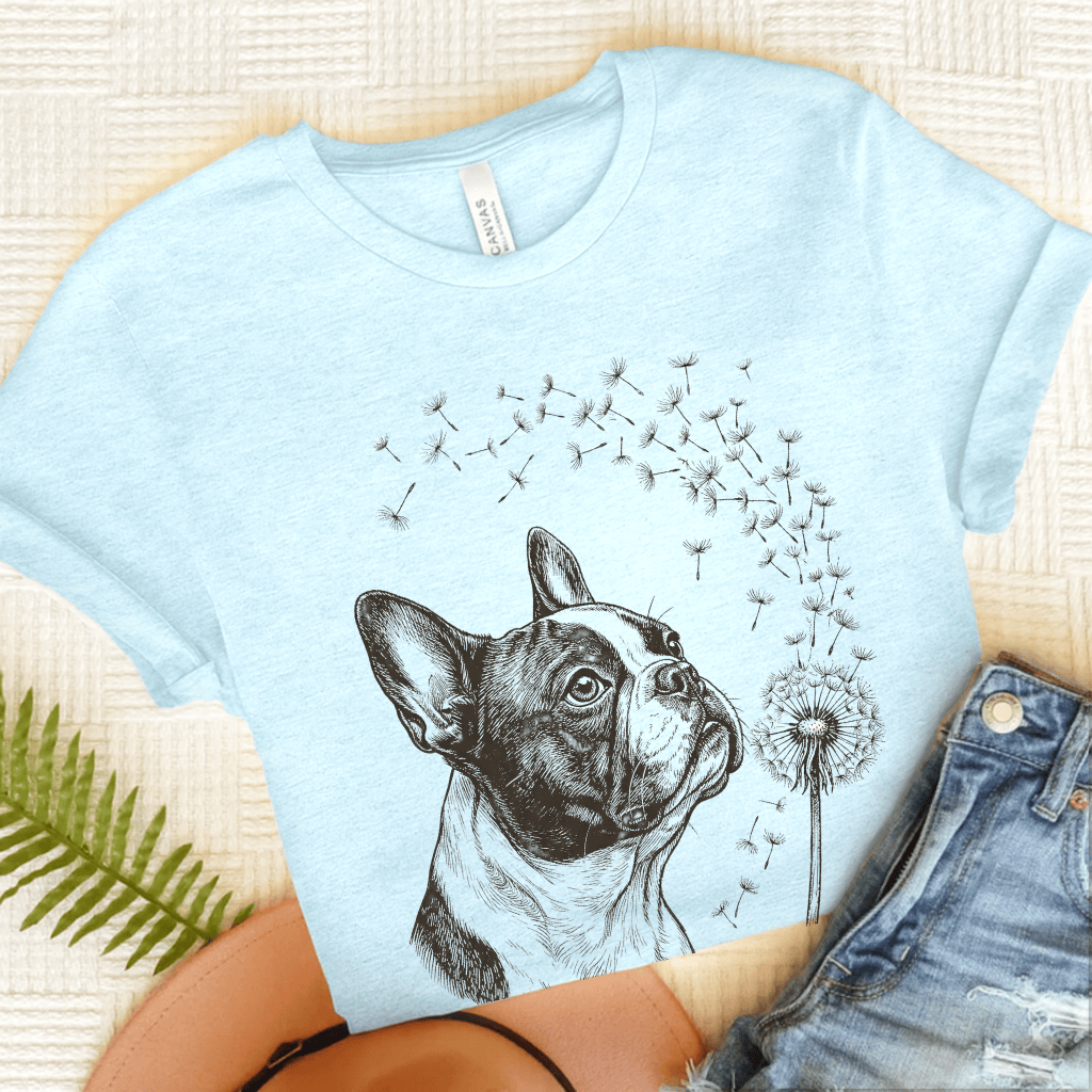 French Bulldog Dandelion Gardening Unisex TShirt Heather Ice Blue