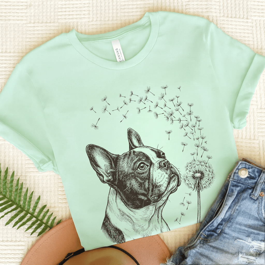 French Bulldog Dandelion Gardening Unisex TShirt Heather Mint