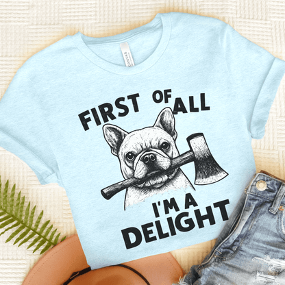 French Bulldog Delight TShirt Heather Ice Blue